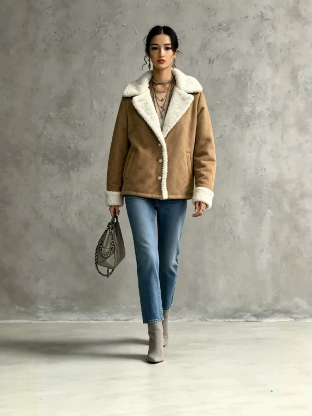 Womens Autumn Winter Short Petite Eco Shearling Lambswool Thick Suede Jacket